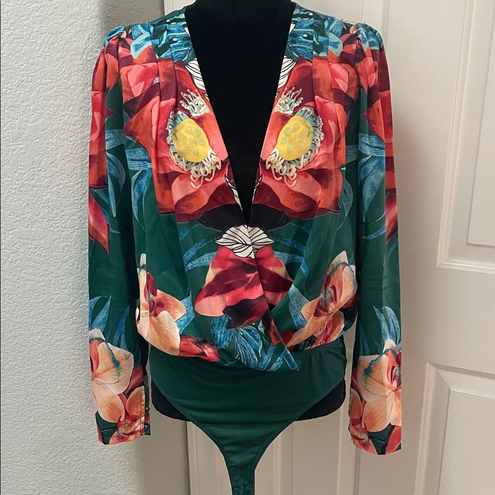 Floral Wrap Bodysuit - Green and Red